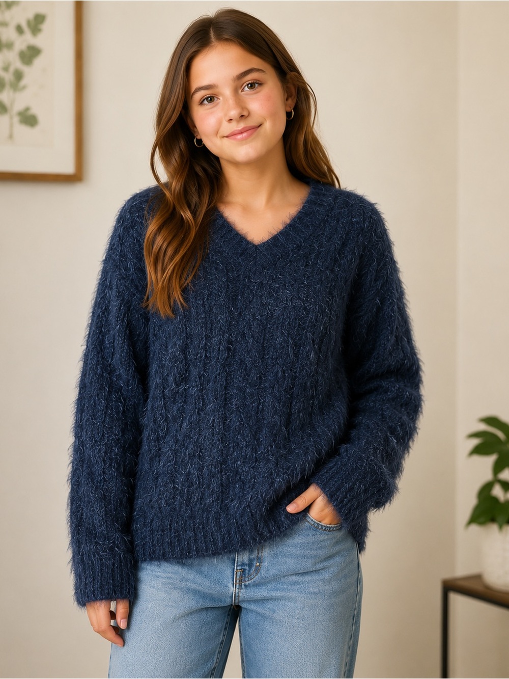 Lucky Brand Women’s Fuzzy Cable Knit Sweater – Navy Blue – Size Medium